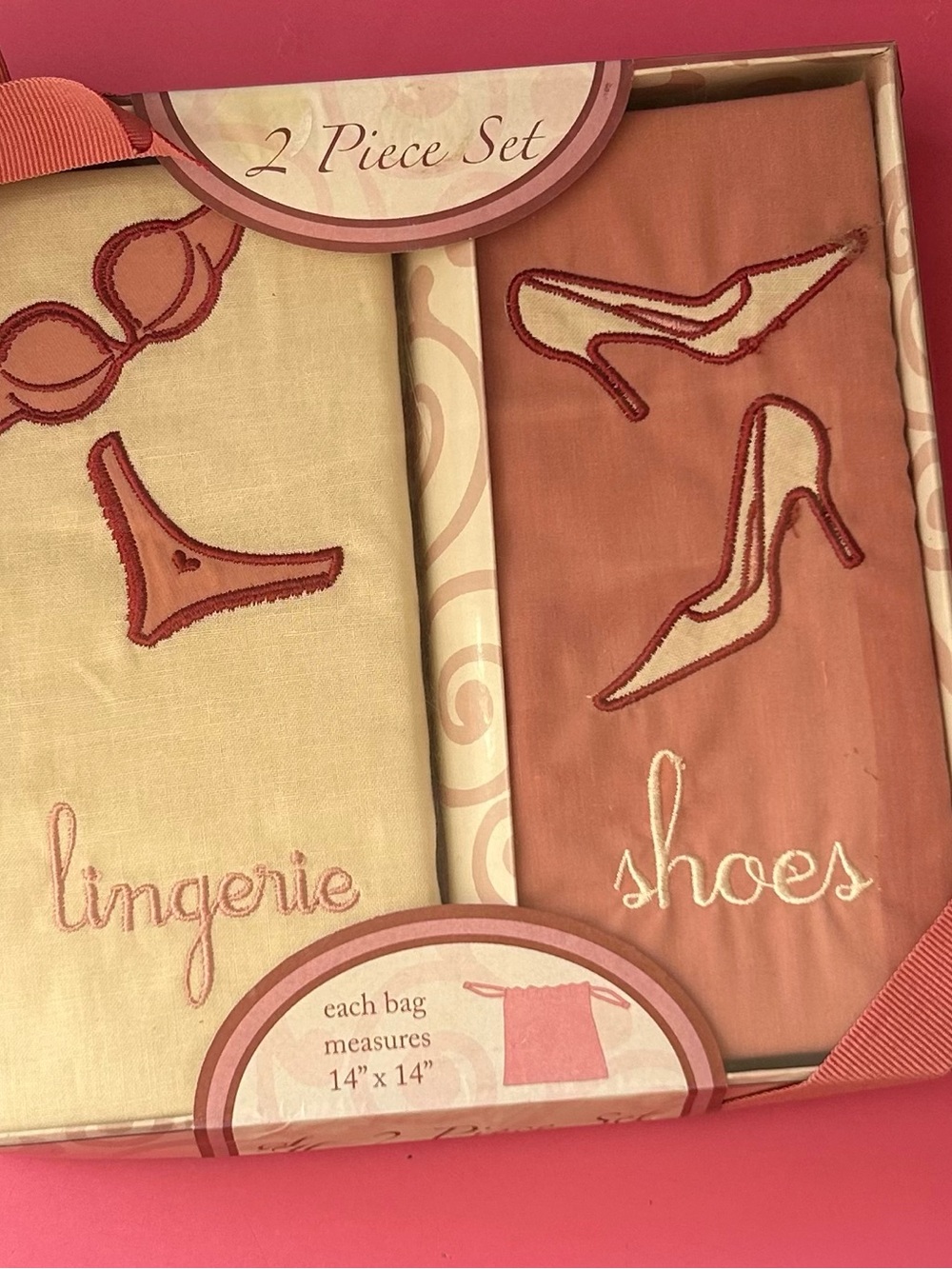 Y2K Travel Bag Set 2pc Lingerie Shoe Bag 14x14 Embroidered Pink Gift Box NWT